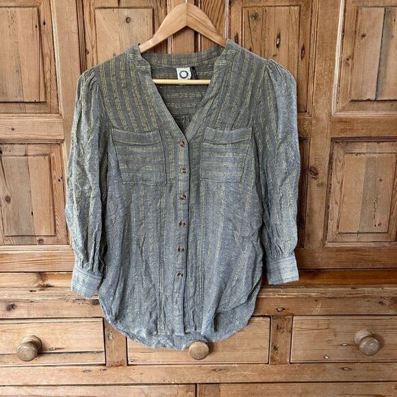 Akemi + Kin 0 Top Blouse Gold Gray Stripe Anthropologie Button Front V-Neckline‎ - Picture 1 of 6